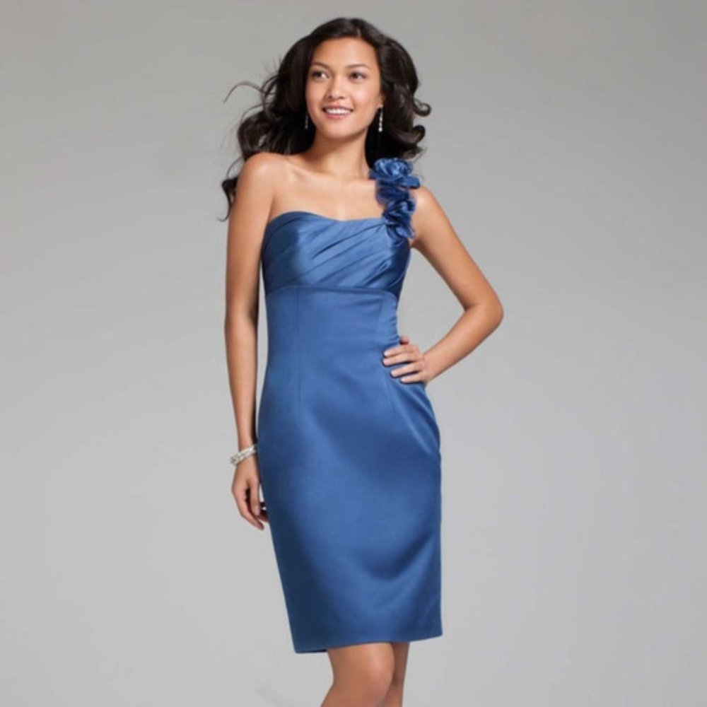 Indigo Blue Satin One Shoulder Sheath Short Party Dress Size 10